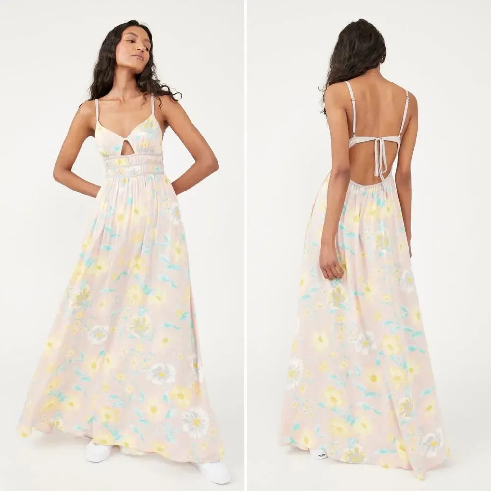 Free People Wisteria Floral In Light Combo Maxi Cut Summer Out Dress Size L - Picture 5 of 12